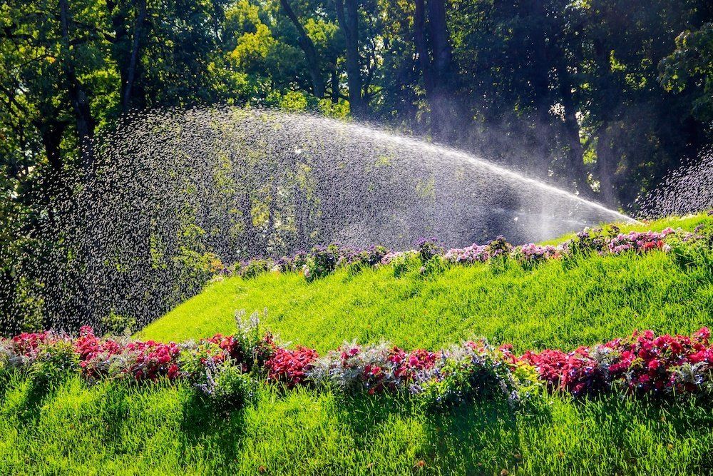 A sprinkler is spraying water on a lush green field of flowers.
