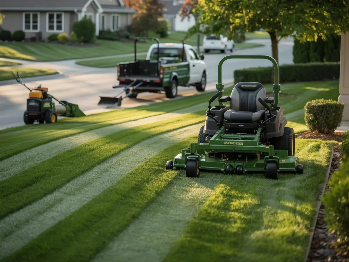 A green John Deere zero-turn mower on a freshly mowed, striped lawn in a suburban neighborhood with a work truck nearby.