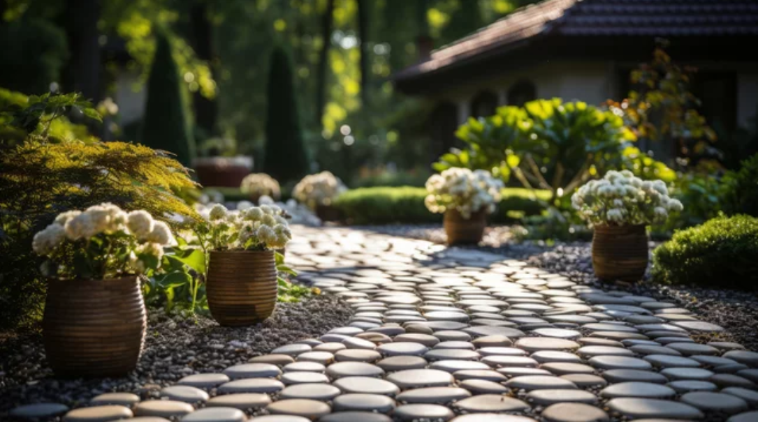 Beautiful garden path paved with intricately designed stones, leading through a lush and vibrant garden landscape.