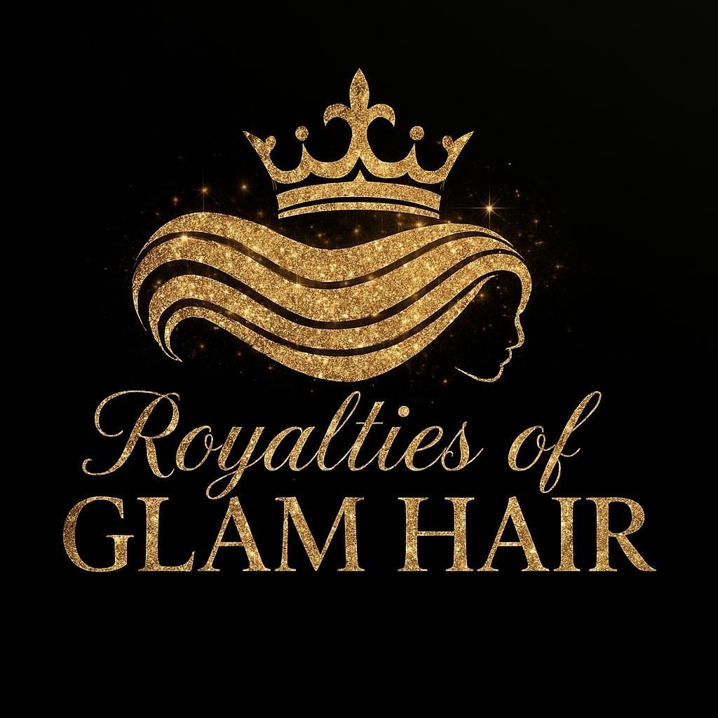 Gold glitter logo: crown over hair silhouette; 