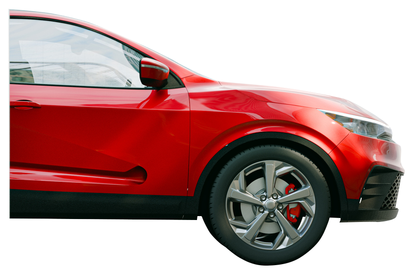 A red car with a black tire on a white background. A red car with a black tire on a white background.