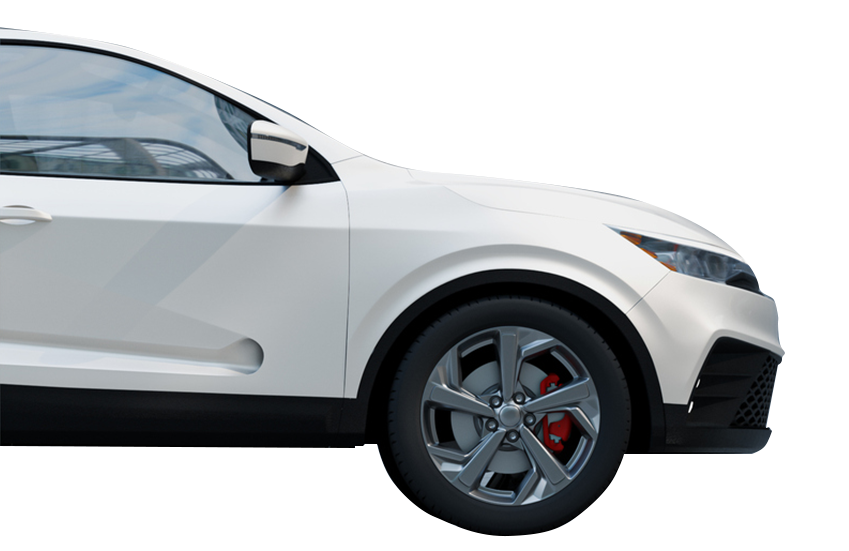 A white car with red brake calipers is shown on a white background. A white car with red brake calipers is shown on a white background.