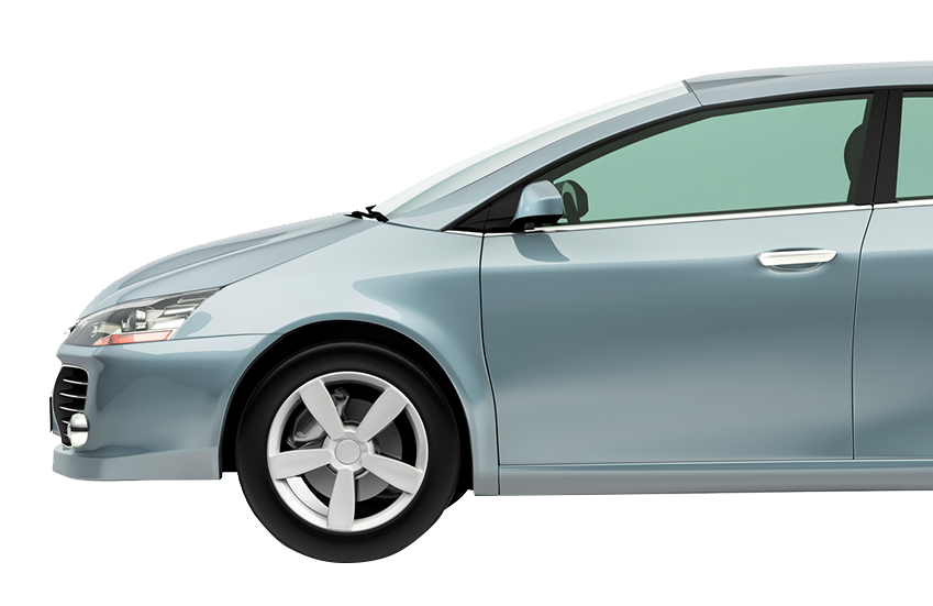 A silver car with a white wheel on a white background A silver car with a white wheel on a white background