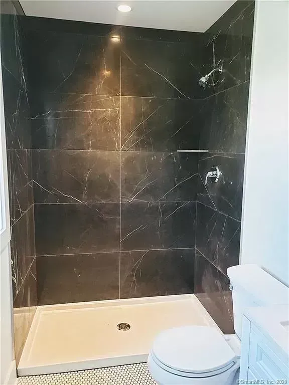 A bathroom with a walk in shower , toilet and sink.