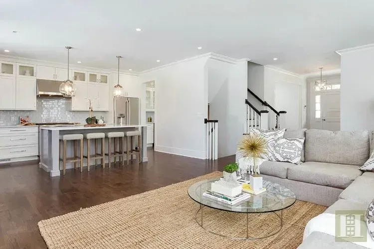 A living room with a couch and a coffee table