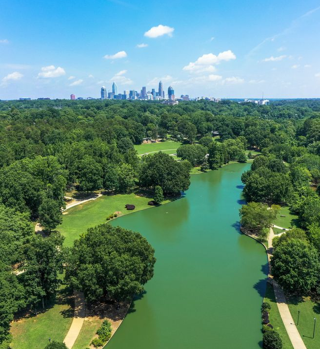 Aerial view of a green lake in a park with lush trees and the city skyline in the background under a blue sky.