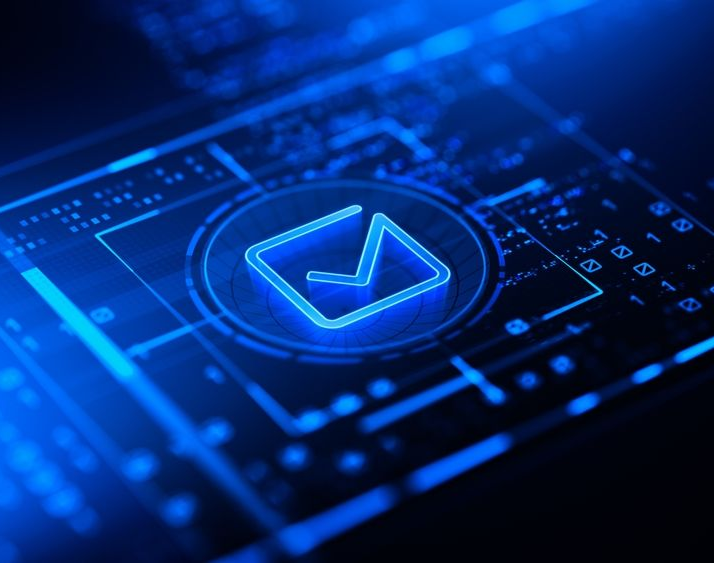 Glowing blue digital checkmark icon.