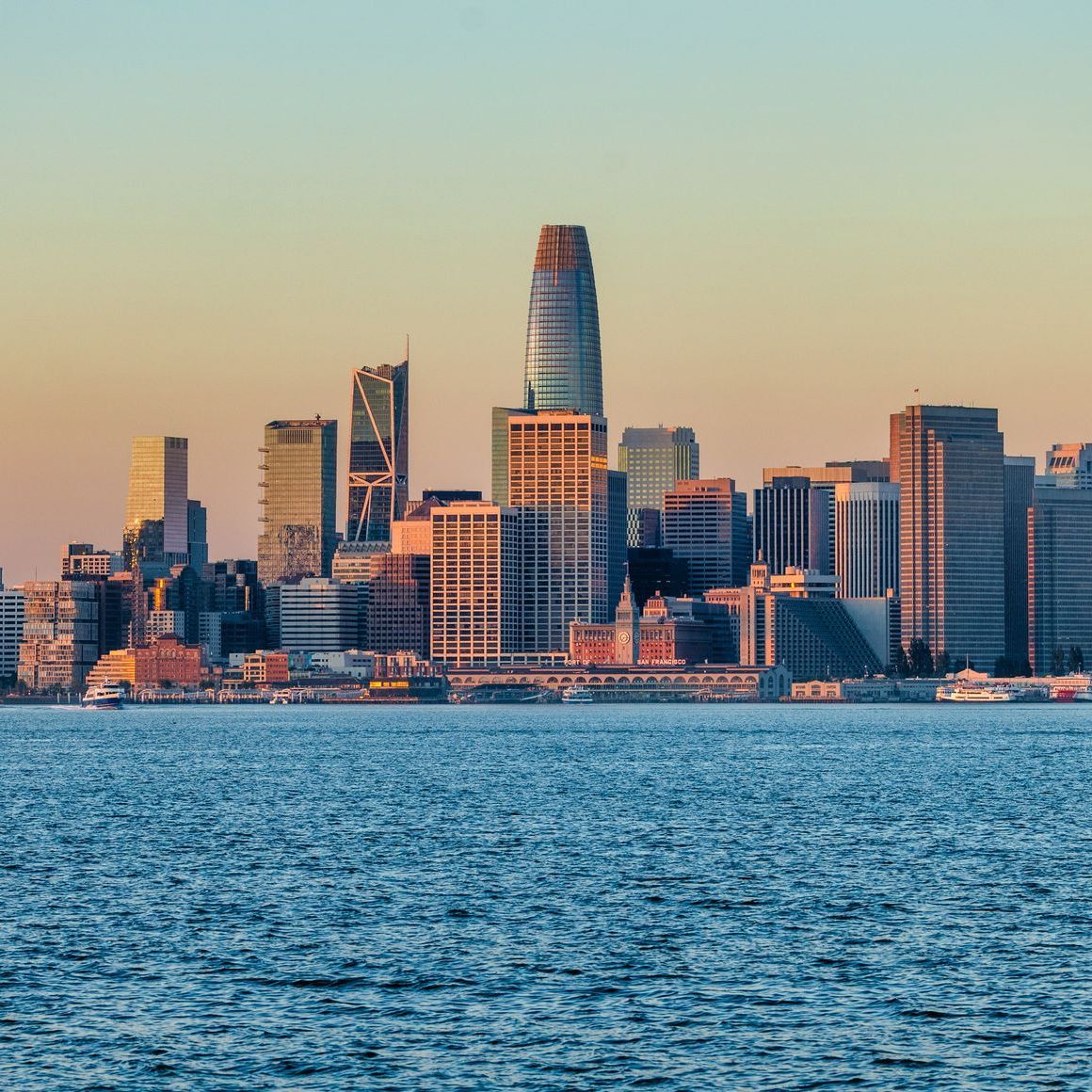 A city skyline is visible over a body of water.