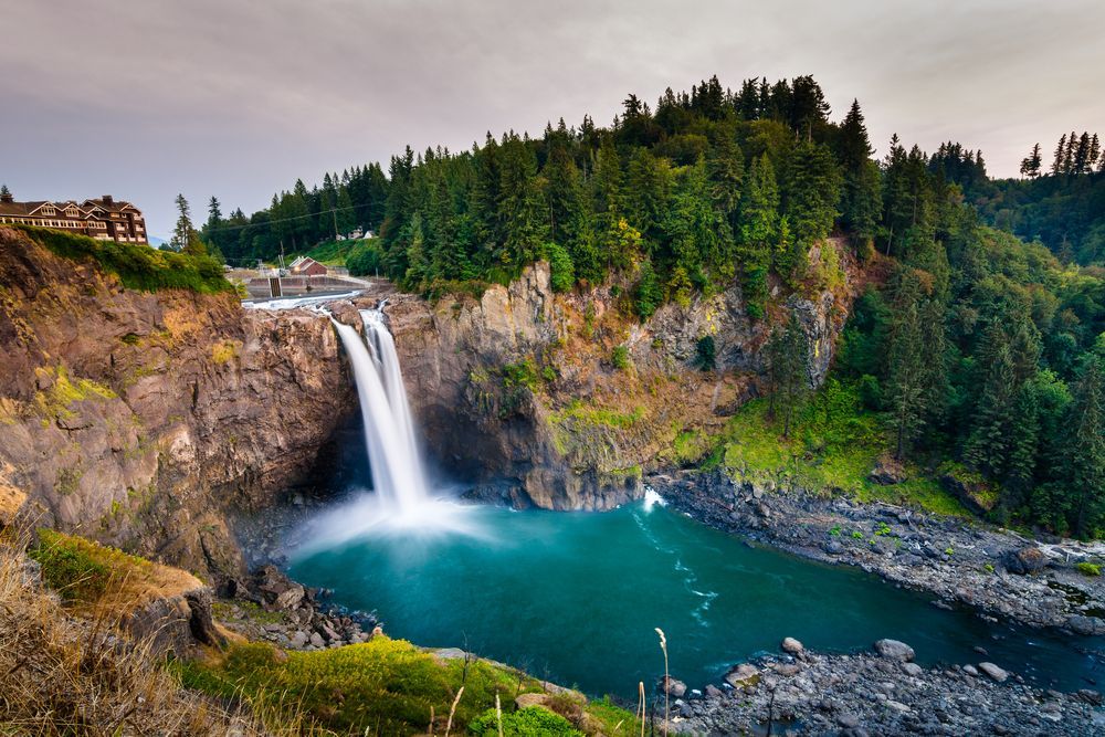 Landscape of Snoqualmie Falls in Washington State, USA. Washington State is a state in the Pacific Northwest.The Washington state's largest city is Seattle.This is one landmark of Washington State
