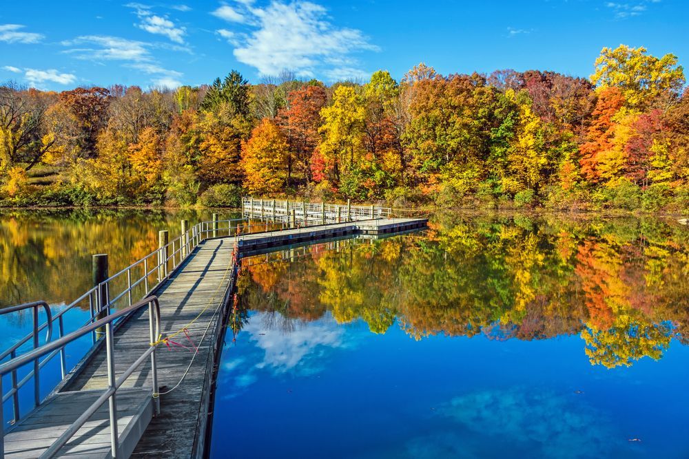 Dock extends into a vibrant blue lake, reflecting colorful autumn trees under a blue sky.