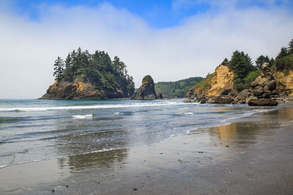 Ocean beach with rocky cliffs and islands, blue sky, and trees. Water reflects the sky and beach.