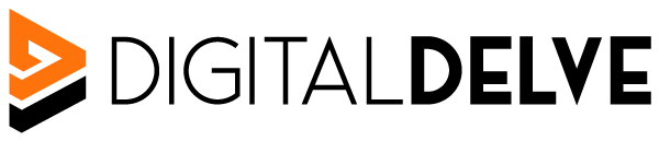 Logo with an orange and black triangle shape and the words DIGITAL DELVE in black text.