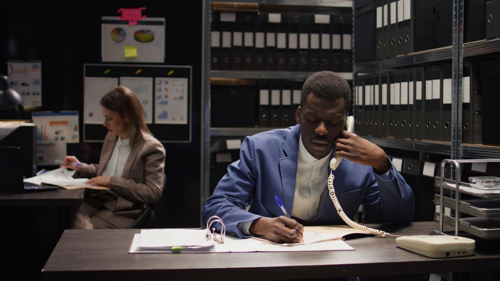 A man in a blue suit is sitting at a desk reviewing 2024 background screening trends