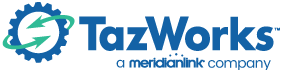Logo of TazWorks, a meridianlink company, featuring a blue gear with green arrows and blue text.