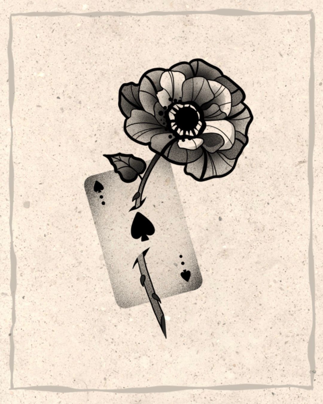 Black and white tattoo design of a flower growing through a playing card, Ace of Spades.