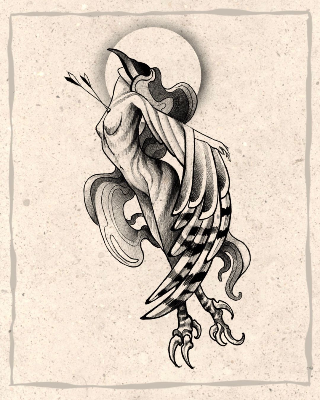 A bird-woman with a bird head, arrow wound, and large striped wings, framed by a halo.