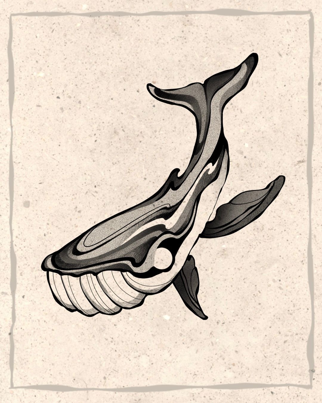 Whale, stylized, dark tones, swimming upward.