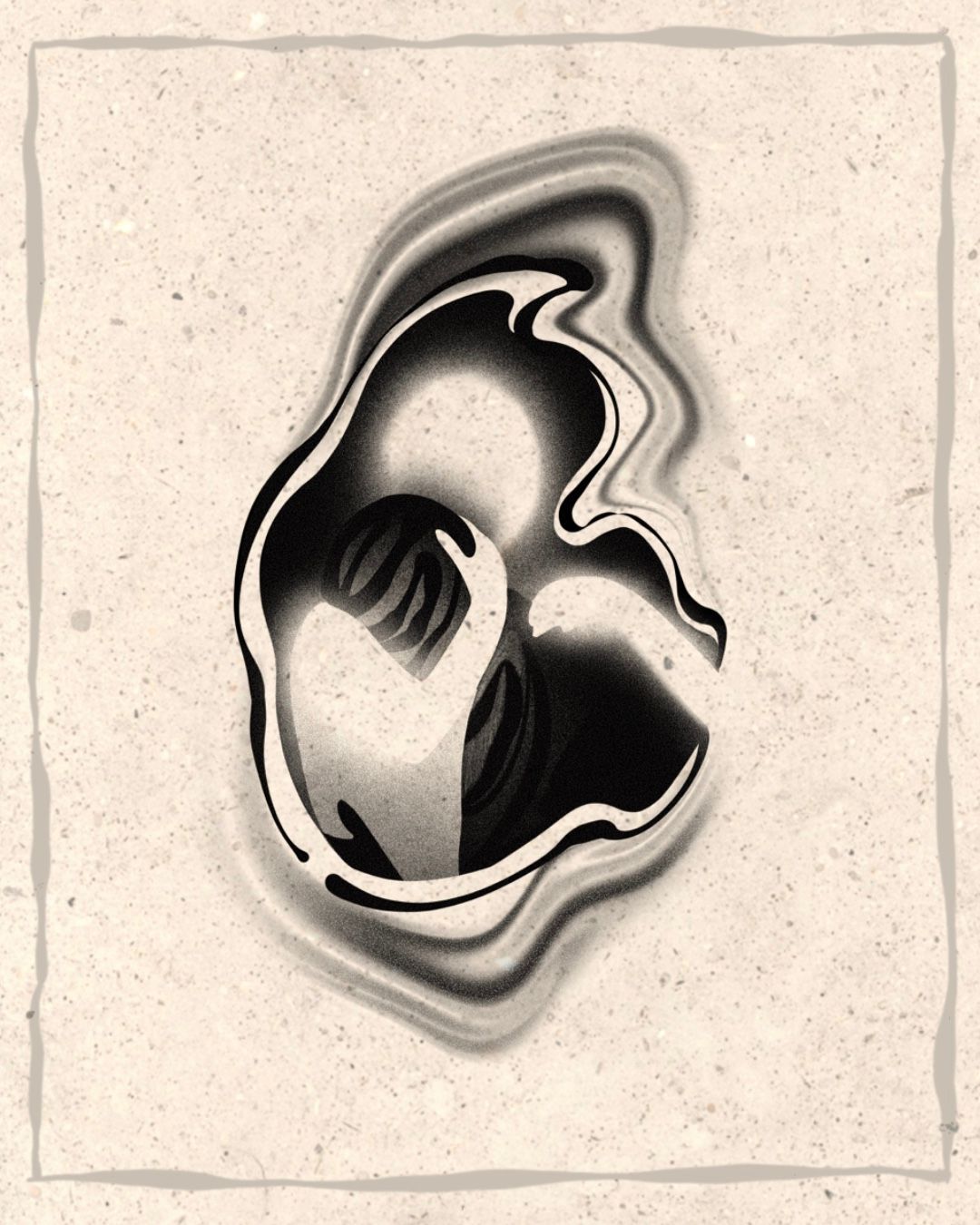 Abstract black and white design with swirling lines and a central organic shape.
