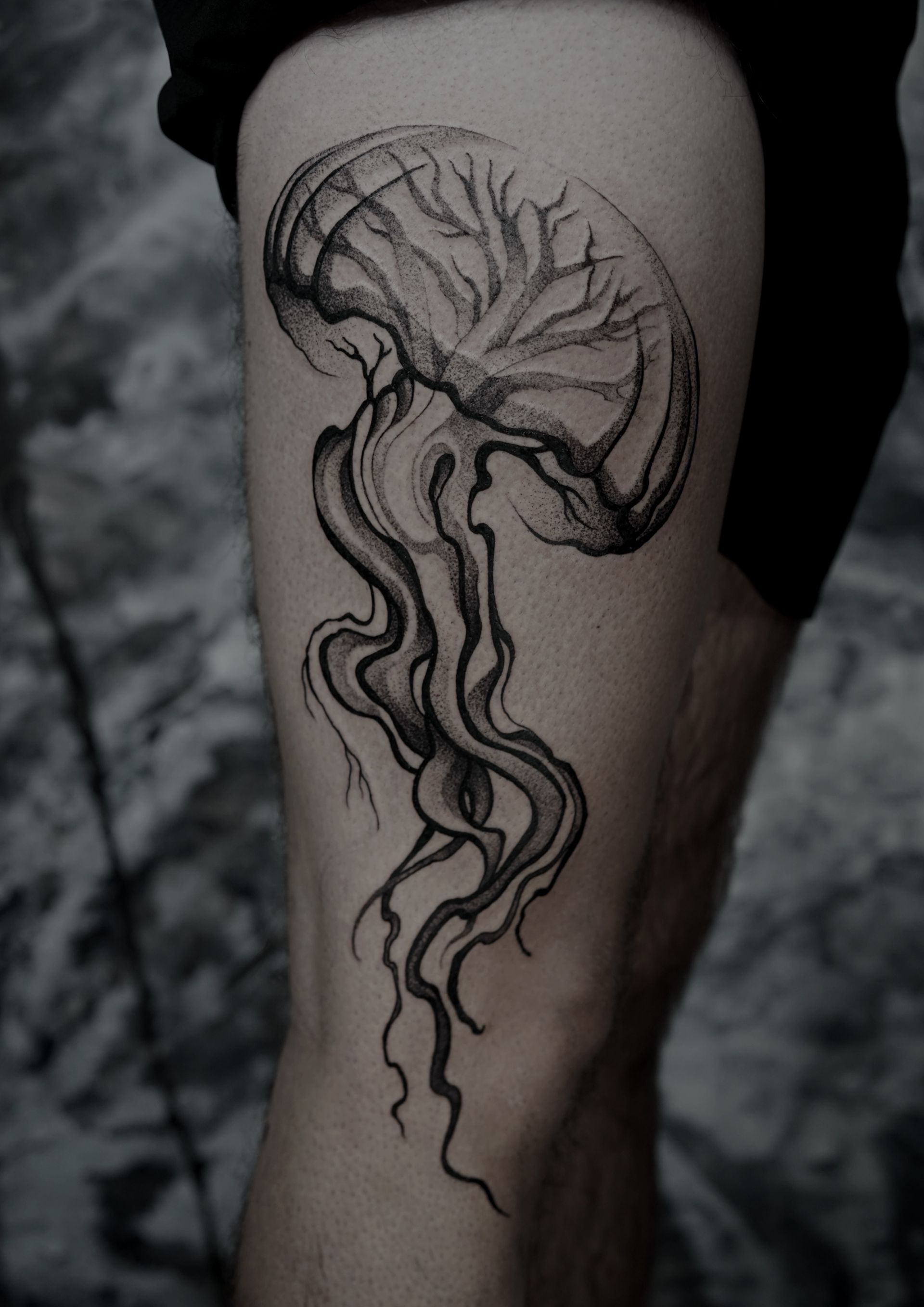Black jellyfish tattoo on a person's thigh, with detailed shading and flowing tentacles.