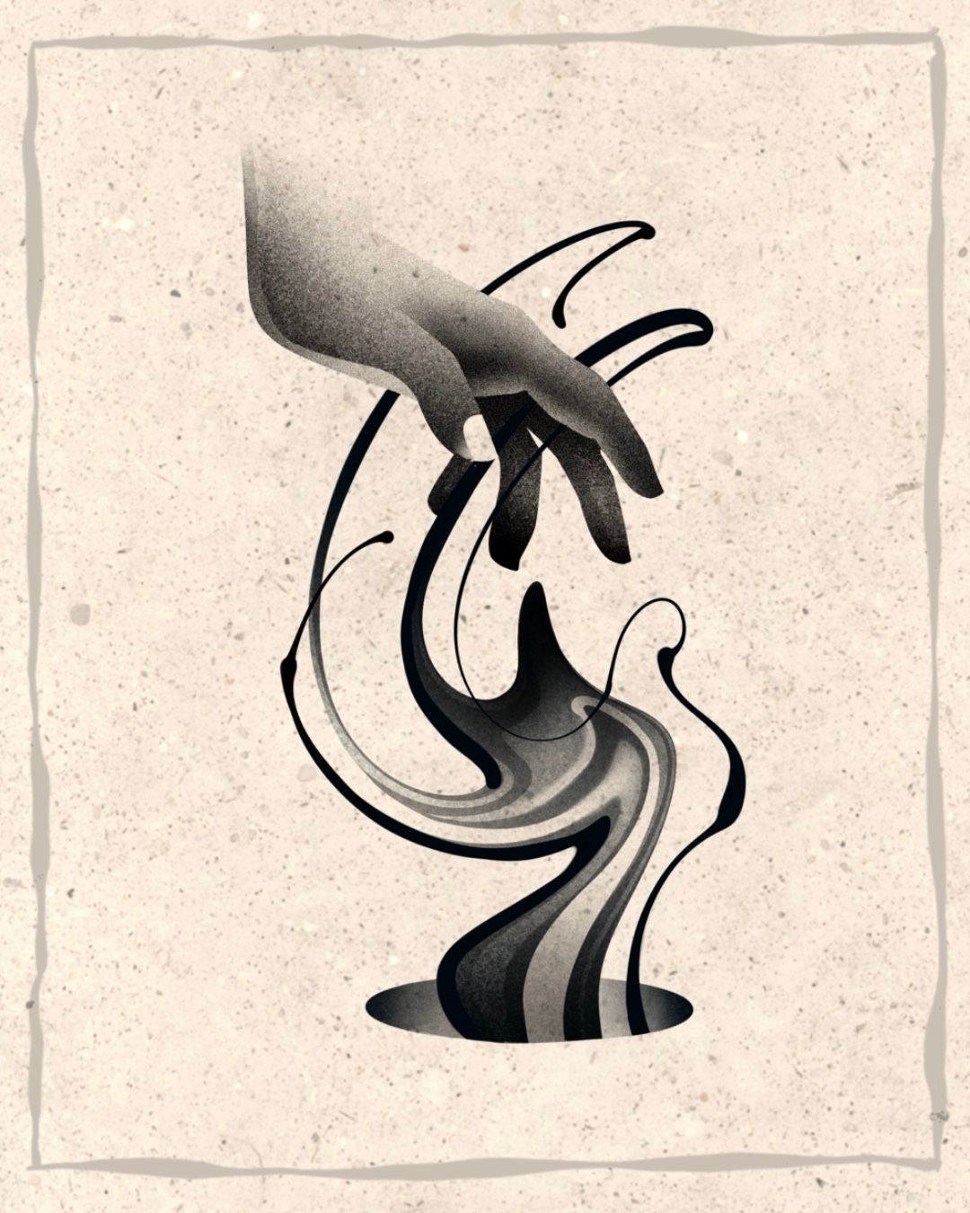 Hand reaching towards swirling, abstract figure emerging from a dark hole. Black and grey tones.