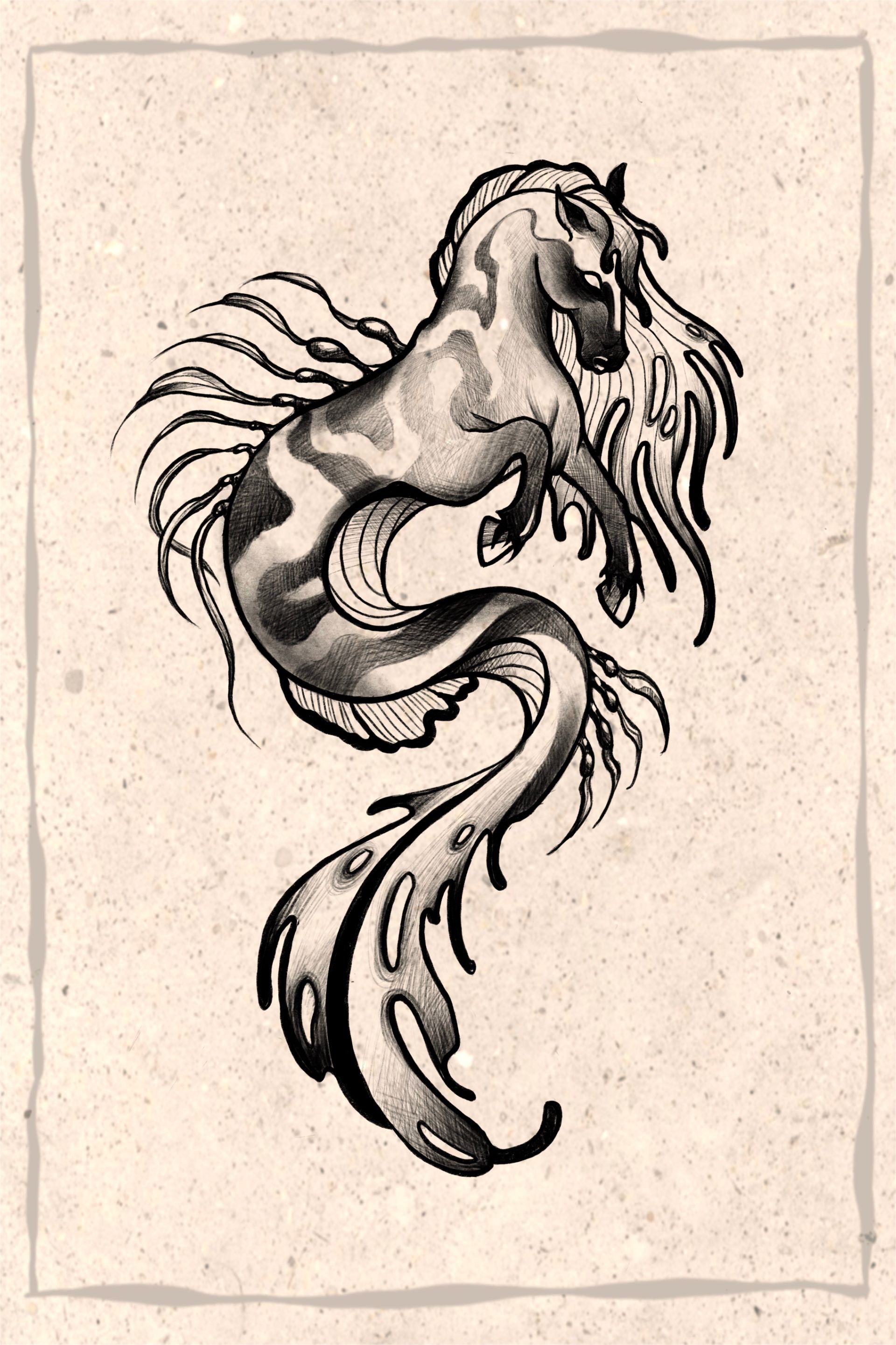 A seahorse-like hippocampus creature. Horse upper body, fish tail, swimming against a textured background.