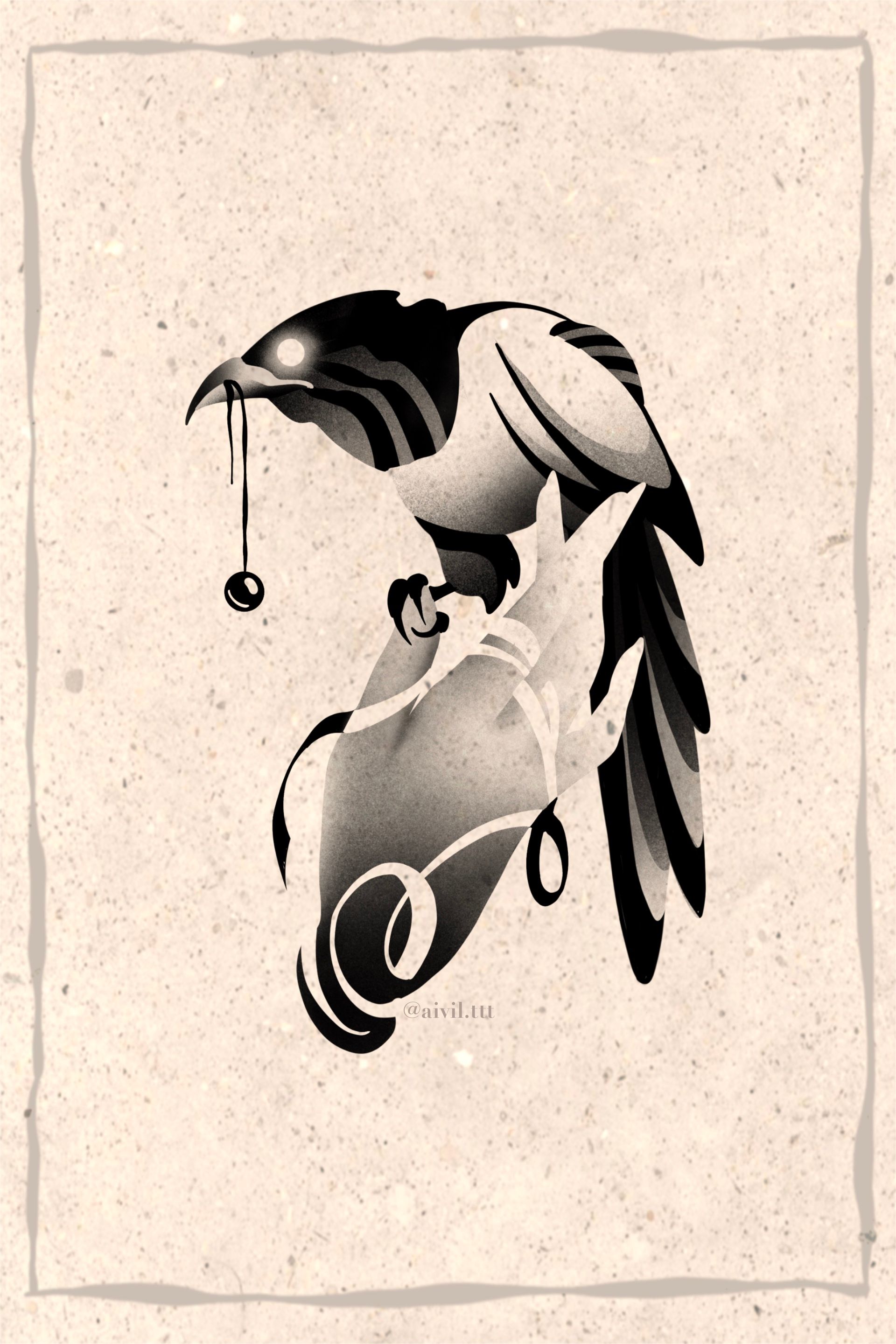 A crow with glowing eyes holds a key in its beak, perched on a stylized hand.