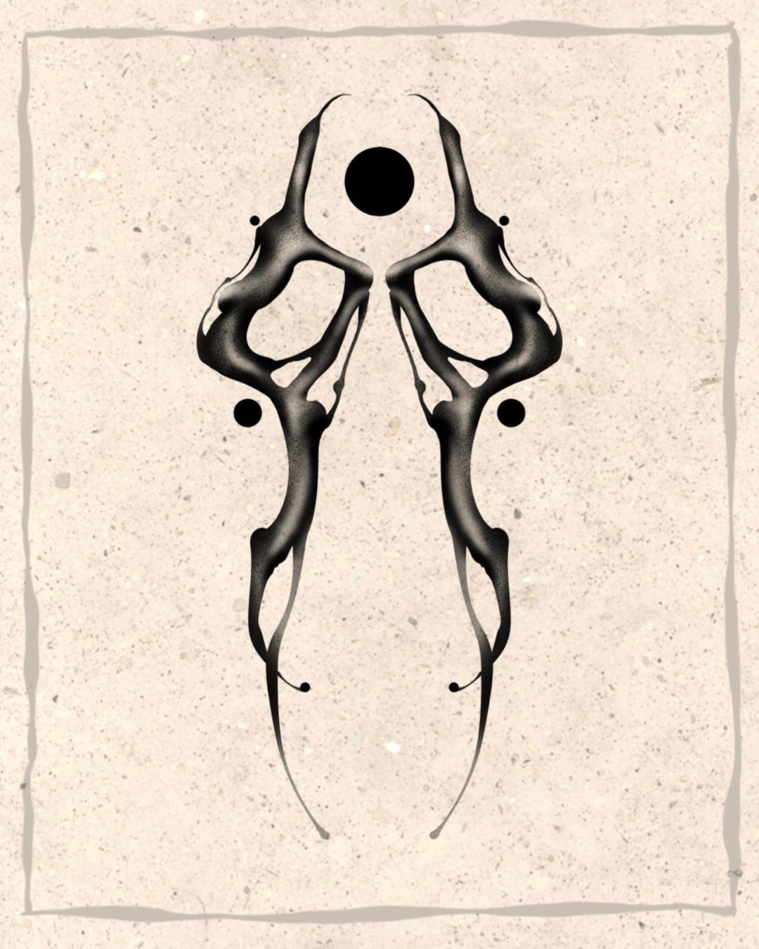 Ink blot symmetrical abstract design in black on beige.