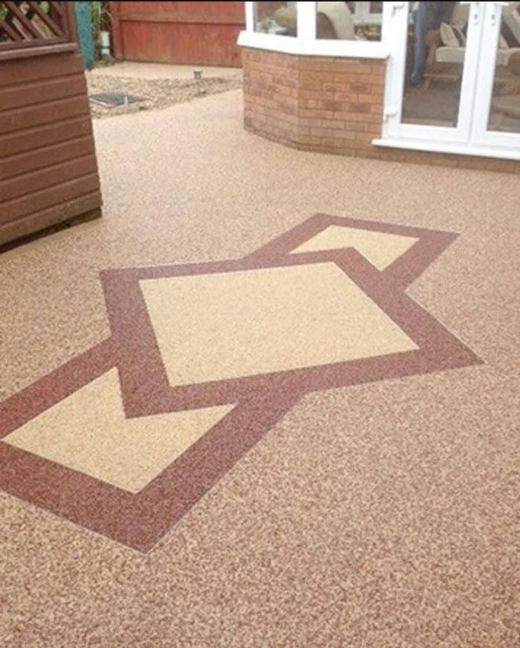 A patio with a geometric design on it