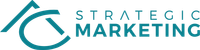 A logo for strategic marketing with a blue arrow and the words strategic marketing