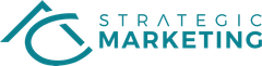 A logo for strategic marketing with a blue arrow and the words strategic marketing