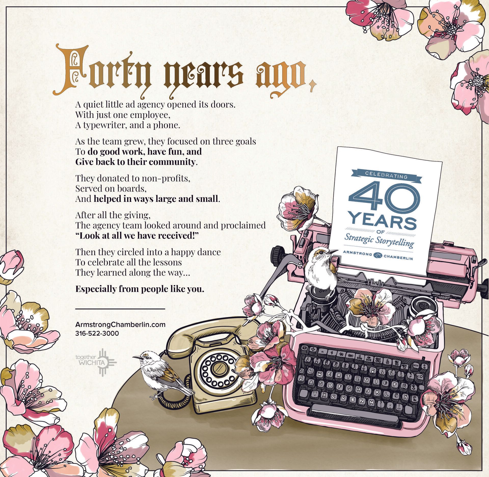 A drawing of a typewriter and a telephone with the words forty years ago