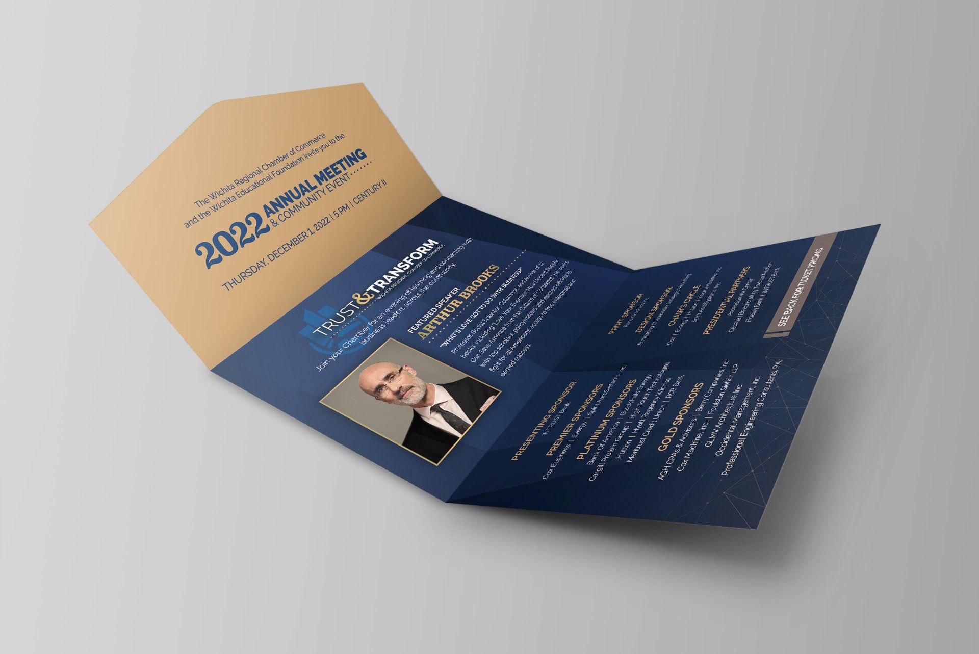 A folded brochure with a picture of a man in a suit and tie.