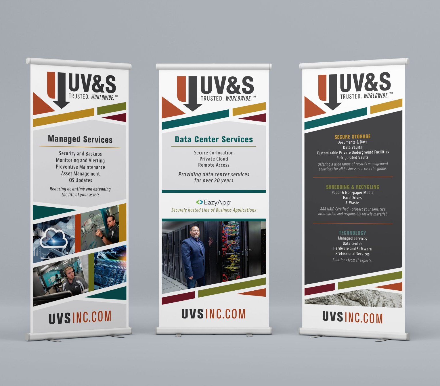 Three roll up banners for uv & s data center services