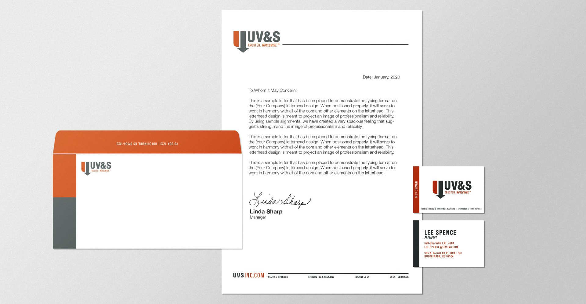 A mockup of a letterhead , envelope , and business card.