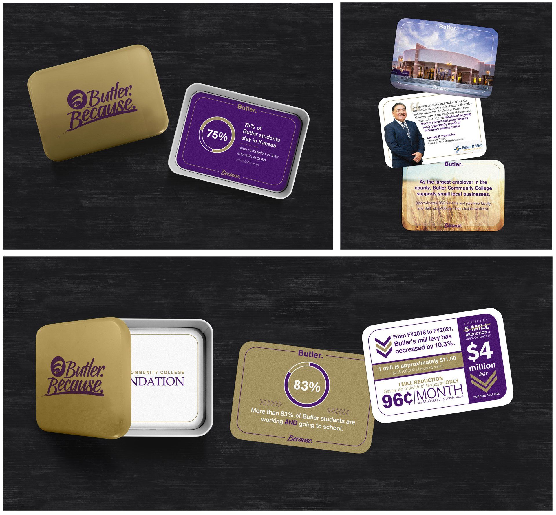A collage of business cards that say better because