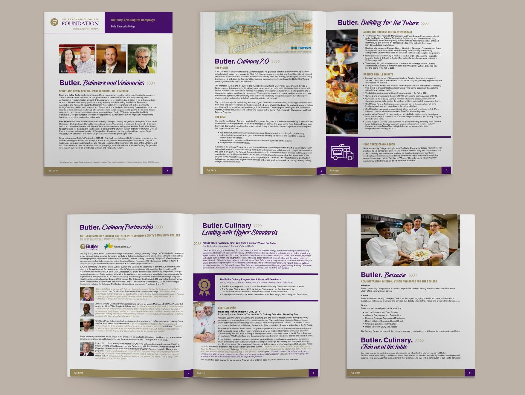 A brochure with a picture of a group of people in a kitchen.