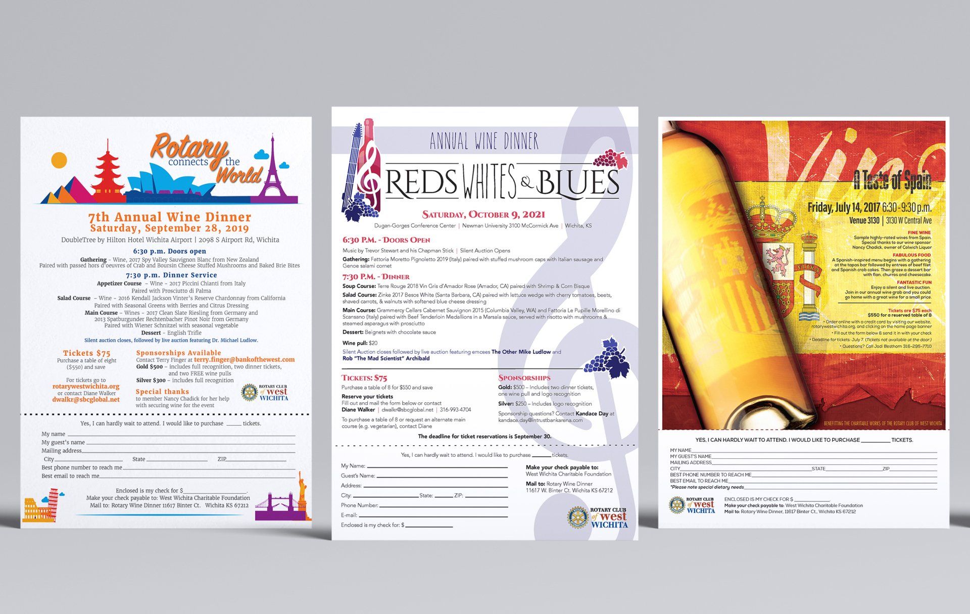 Three flyers are sitting next to each other on a table.