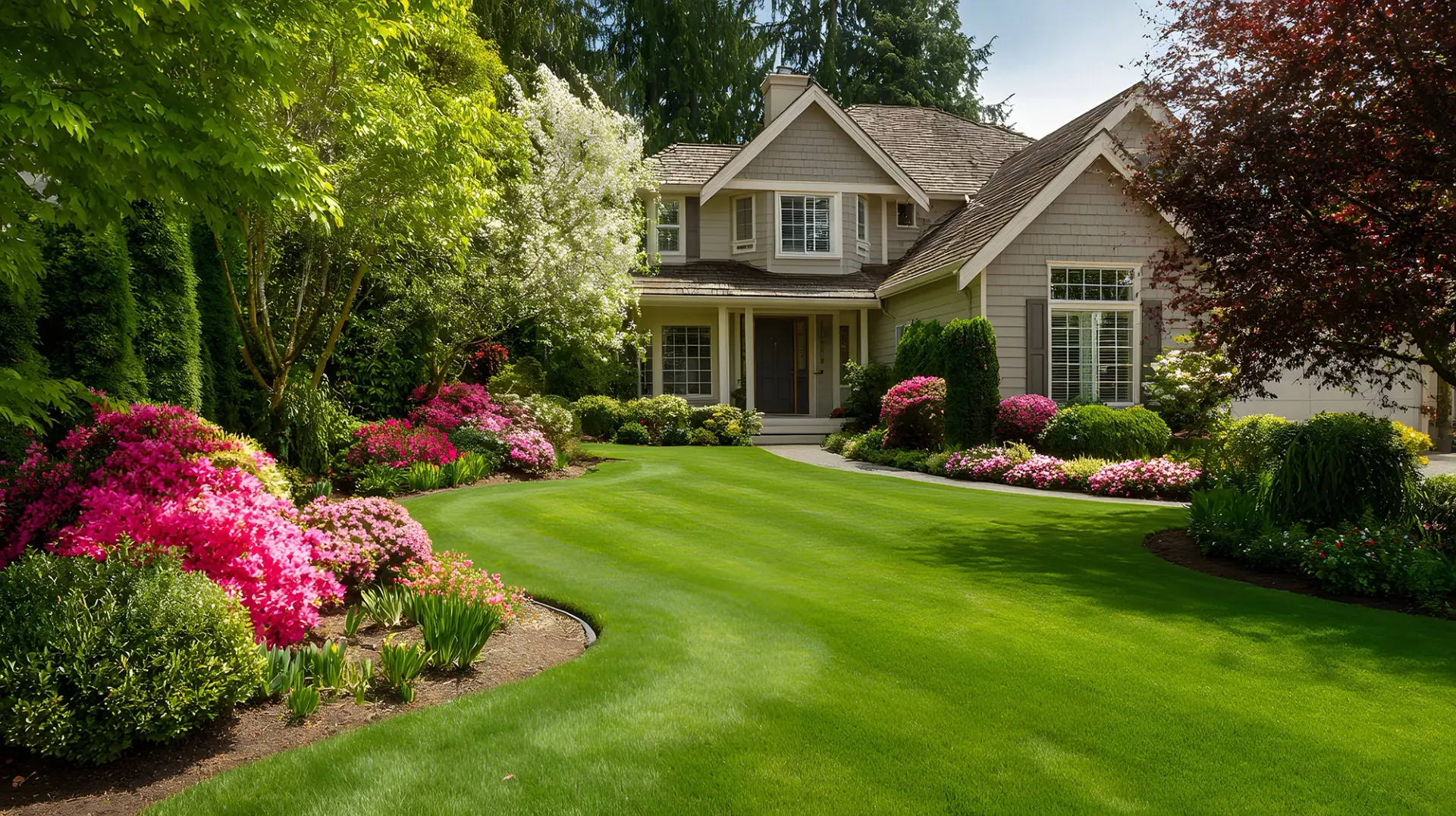 Two-story house with manicured lawn and vibrant flower beds; green and pink hues.