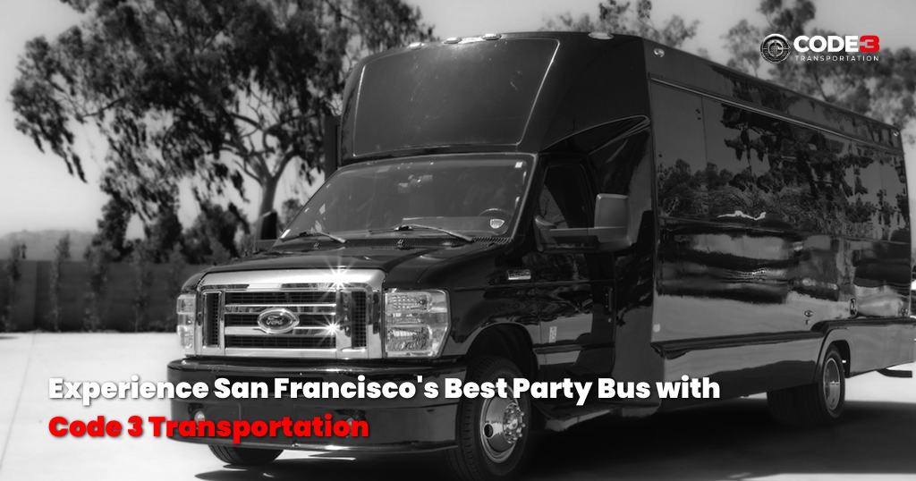 A black and white photo of a party bus with the words experience san francisco 's best party bus with code 3 transportation