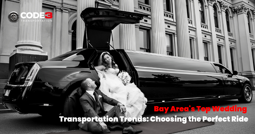 A bride and groom are sitting in the back of a limousine