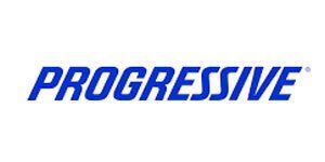 the logo for progressive is blue and white on a white background .