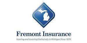 the logo for fremont insurance is a blue diamond with a map of michigan on it .