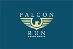 Logo for Falcon Run Apartments. Teal background with a light blue, winged emblem and text.