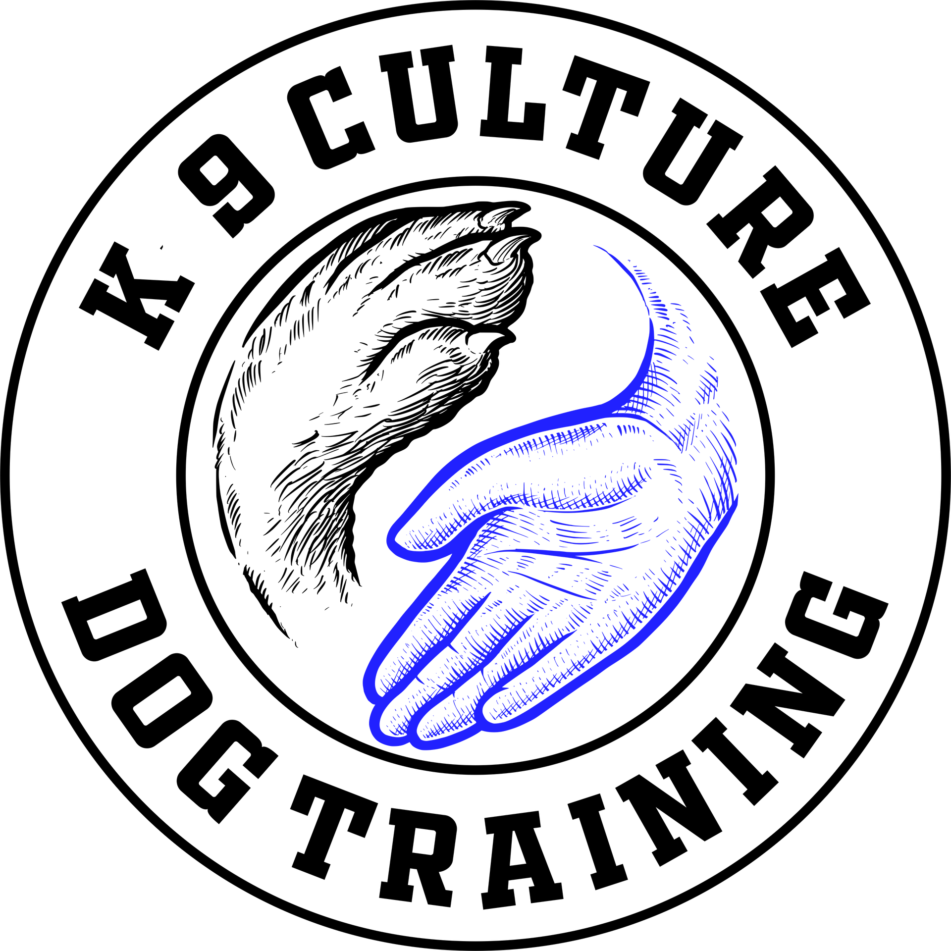 Circular logo: paw and hand touching,