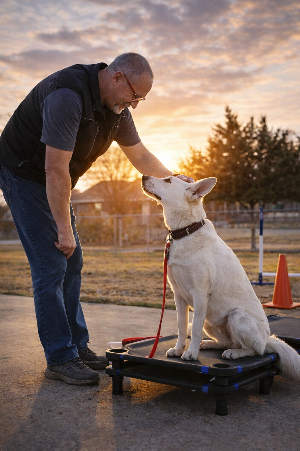 dog trainer and white shephard