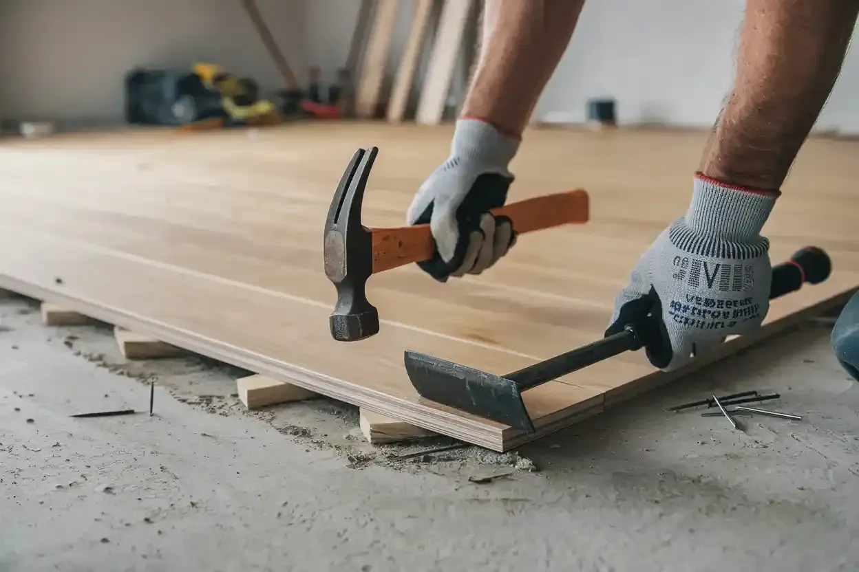A man is hammering a nail into a piece of wood.