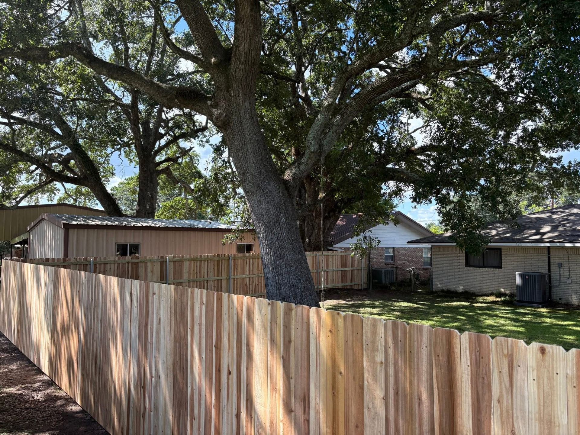 Wooden fence surrounding backyard with large tree and homes.