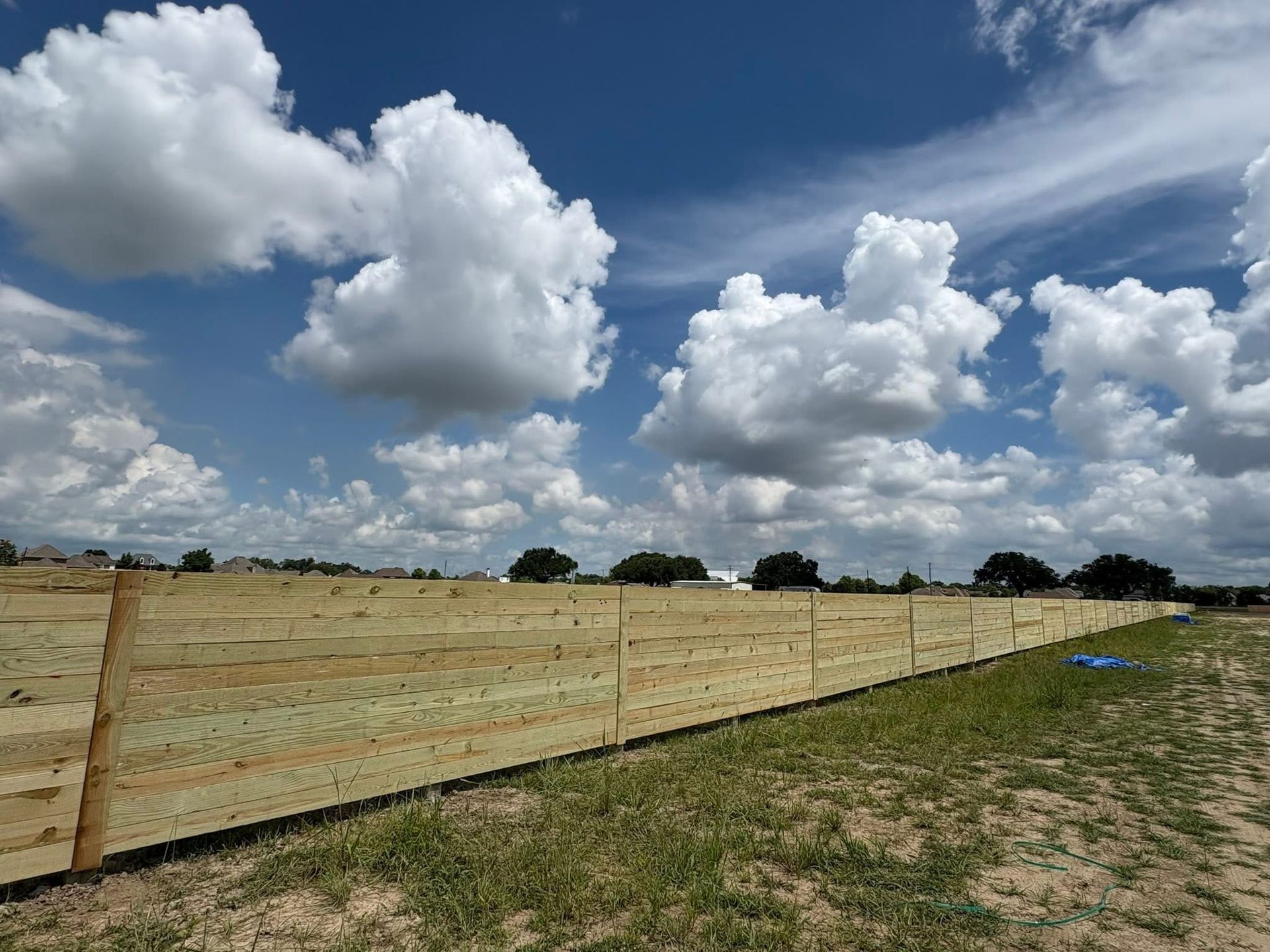 Field with a fence under a blue sky dotted with puffy white clouds.