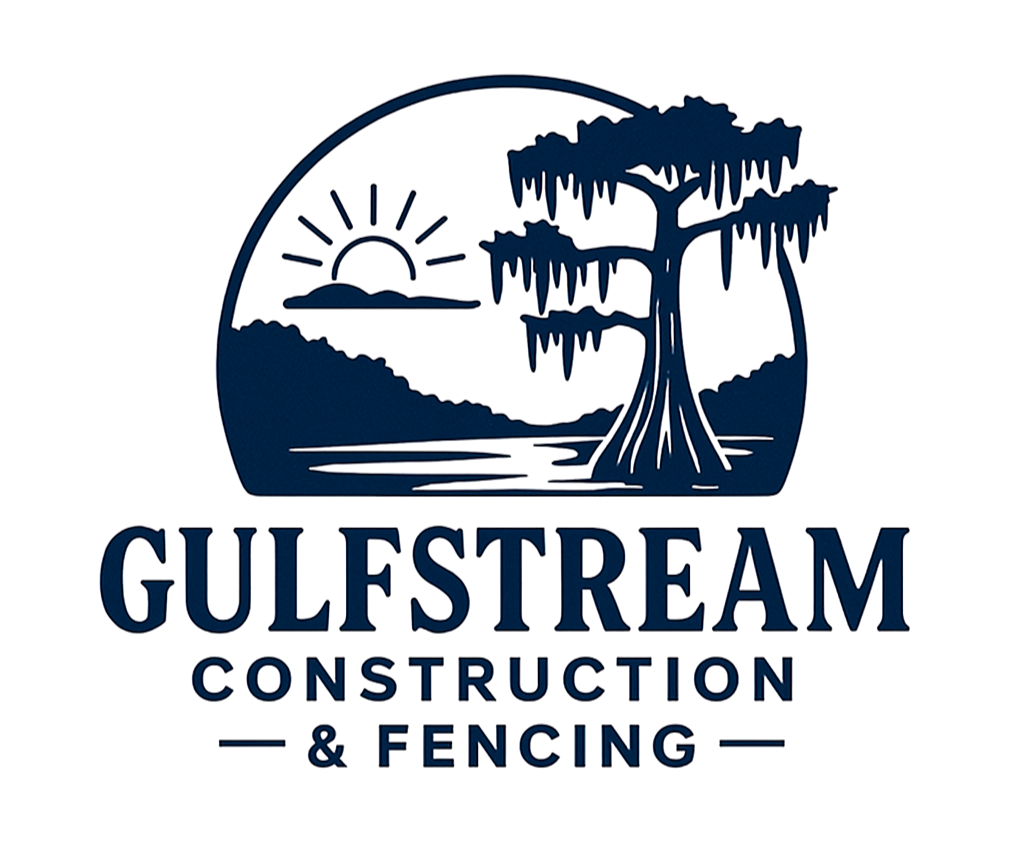 Logo for Gulfstream Construction & Fencing. Dark blue landscape with tree, sun, water, and text