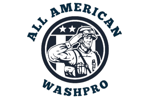 Logo for "All American Washpro" featuring a soldier in uniform saluting inside a dark blue circular frame with stars.